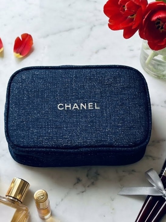 CHANEL Handbags - CHANEL Blue Tweed Cosmetic Bag with Gold Logo